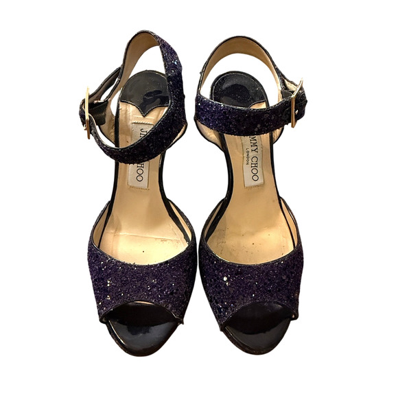 Jimmy Choo 6.5 Coarse Glitter Platform Sandals Stiletto Linda Heels Purple 36.5 - Picture 5 of 10